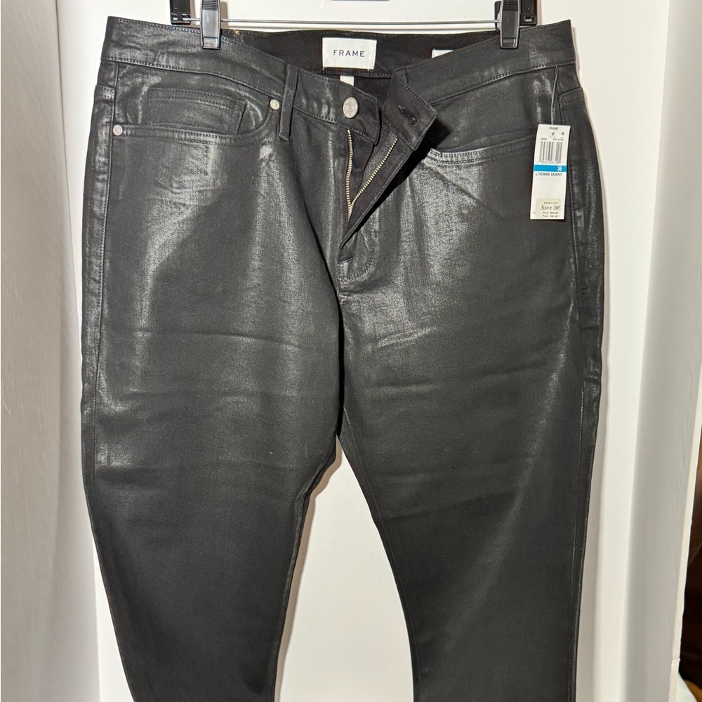 Frame Denim Black Slim Jeans with Coated Finish